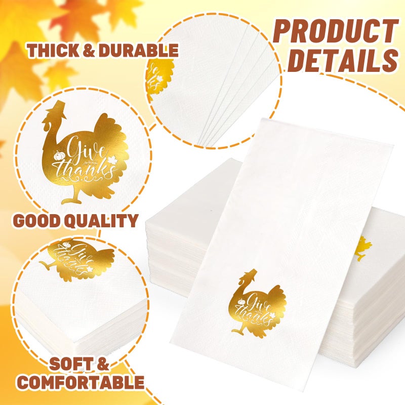 Whaline 50 Pcs Fall Thanksgiving Guest Napkins Gold Foil Turkey Give Thanks Disposable Napkins Dinner Hand Paper Napkin for Bathroom Autumn Harvest Party Table Supplies - Image 3